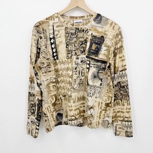 Chicos Design 2 Abstract Collage Print Long Sleeve Top Tan Brown Art Boho Travel